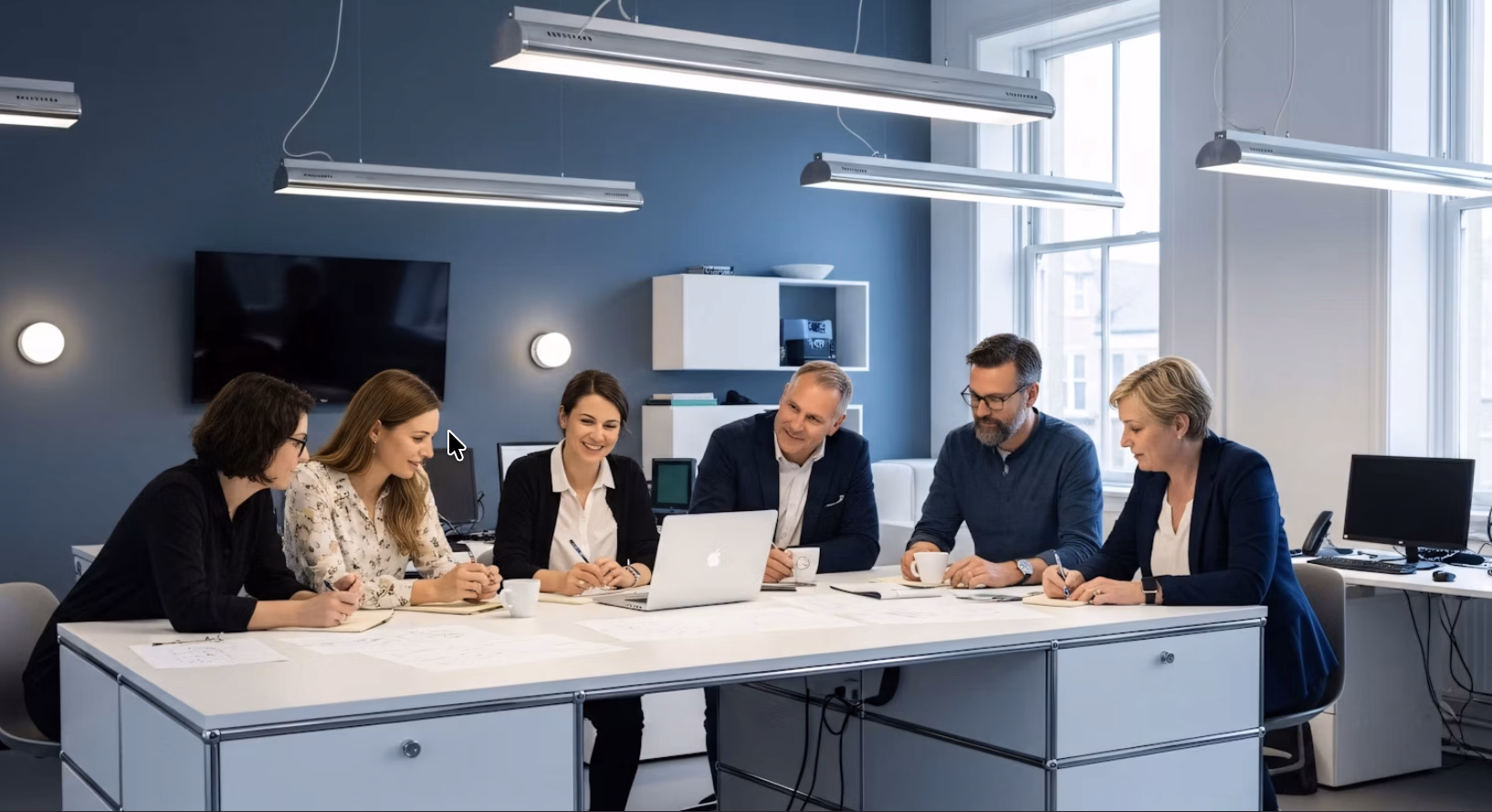 Team meeting around a table in a bright office