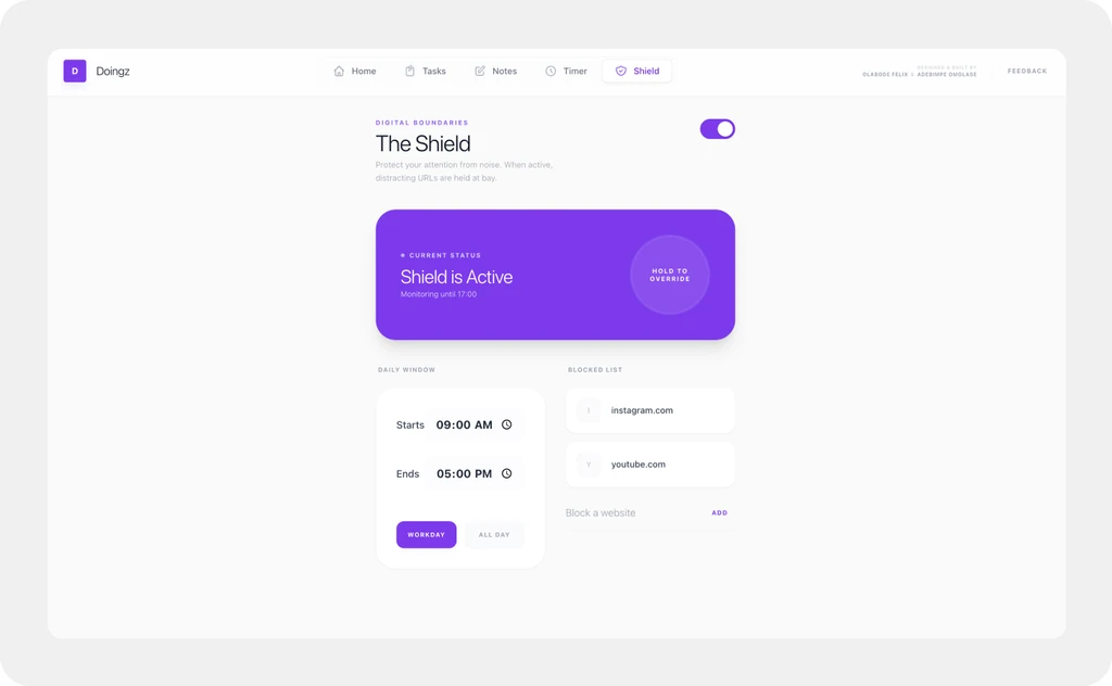 Doingz — the Shield distraction blocker