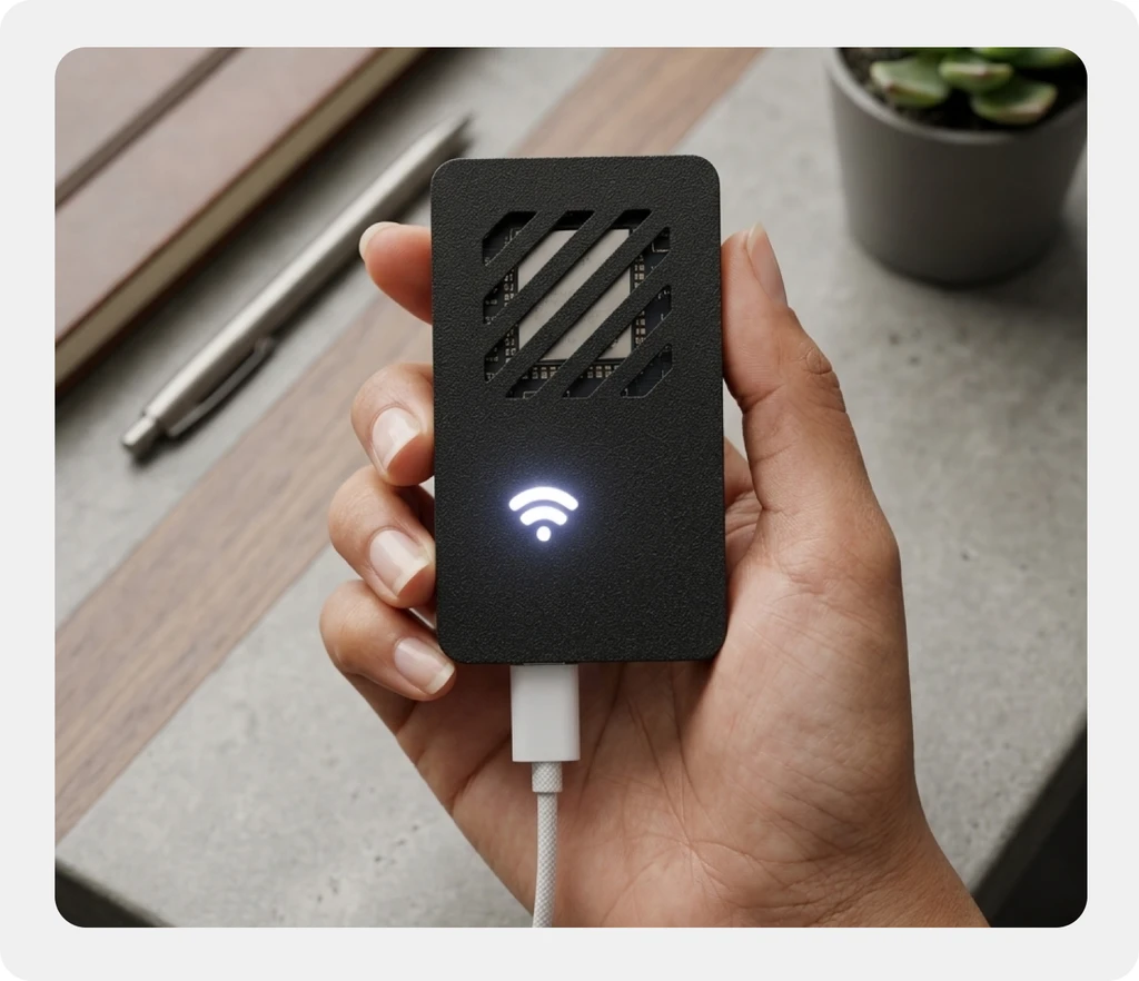 OpenAgent — edge AI device held in hand