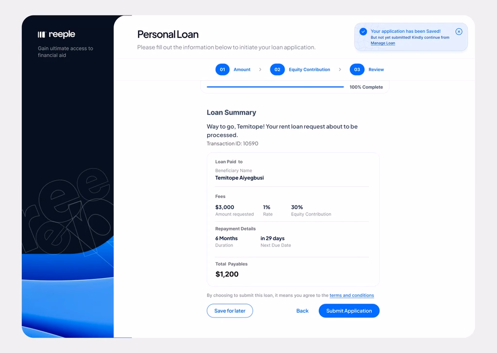 Reeple — loan summary screen